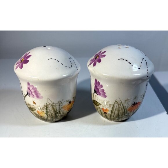 Cheri Lane Salt & Pepper Shaker Set  Floral & Beehive Design Ceramic - Picture 3 of 6